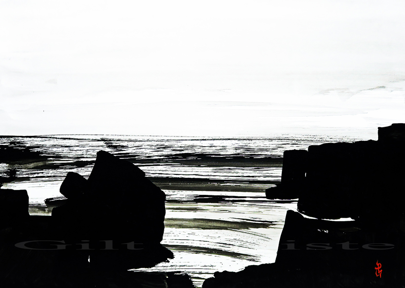 Gilt encre de Chine Mer et Rochers